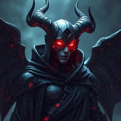 The primary subject of the image is a demonic character with horns and a red glow in its eyes. The character is wearing a black robe and is standing in front of a dark background. The visual style of the image is digital art, and the colors and mood are dark and ominous.